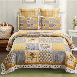 Farmhouse Sunflower Garden Patchwork QUEEN Printed Quilt Set Bonus Tote Bag